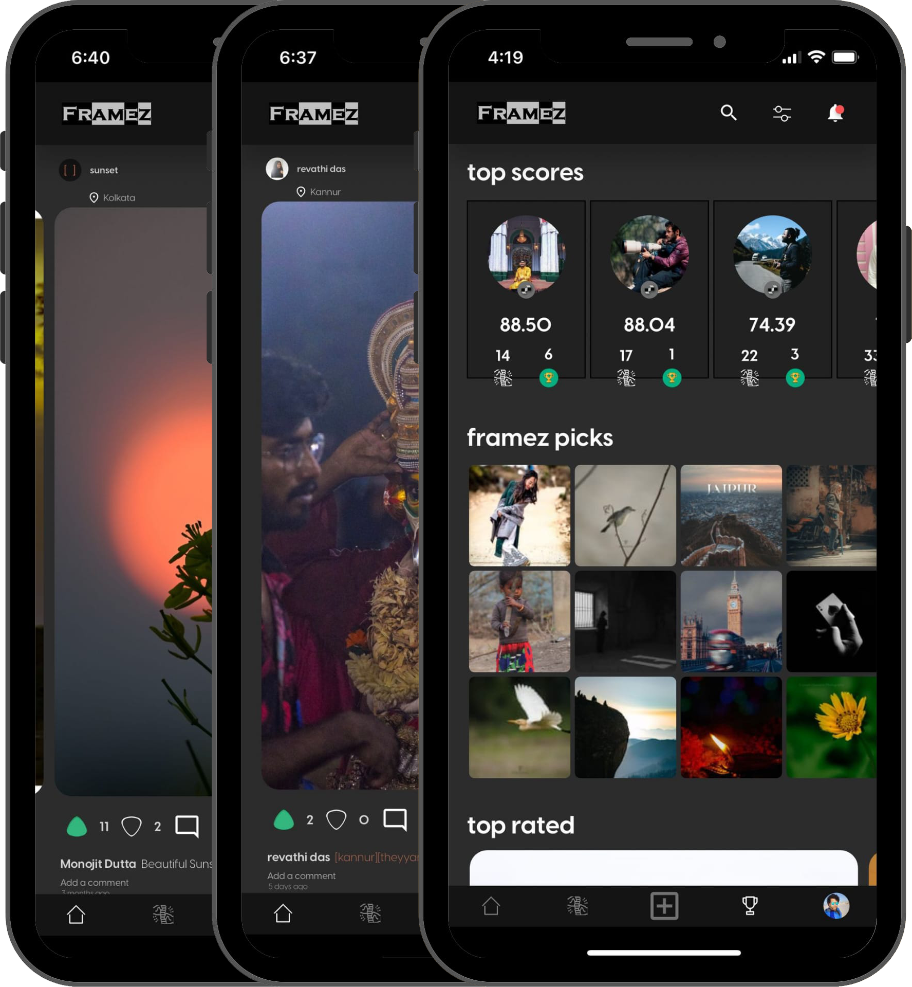 Framez App Interface showcasing photography contests